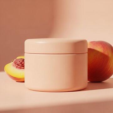 A mockup of a skincare product packaging with a peach and sliced peach beside it on a table.