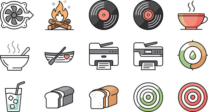 Set of miscellaneous linear color icons including campfire, vinyl record, printer, and food items