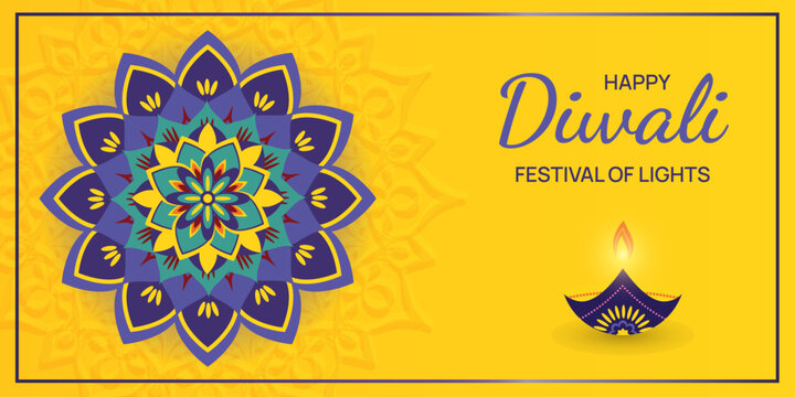 Diwali Deepavali festival of lights holiday design with diya, Indian Rangoli, purple, violet, yellow background