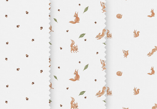 Watercolor Woodland Animal Seamless Pattern Collection with Squirrels Acorns Leaves