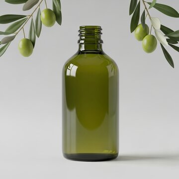 A mockup of a green glass skincare product bottle with olives and leaves on a clean surface for a product display.