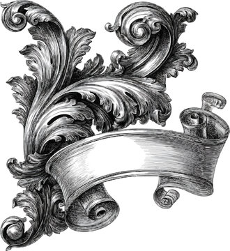 A detailed heraldic corner ornament featuring stylized acanthus scrolls and a vintage ribbon banner, rendered in classical engraving style with fine line shading against a solid white background