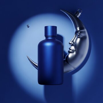 A mockup of a blue skincare product bottle next to a silver crescent moon with a face on a dark blue background with a spotlight shining on the product and moon.