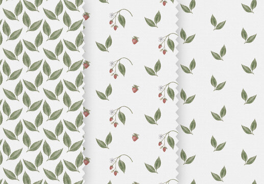 Watercolor seamless pattern template collection featuring green leaves, wild strawberry branches, blossoms, and berries in coordinated repeating designs 