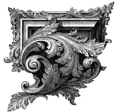 This ornate ceiling corner vignette features intricate rococo scrollwork frames with traditional book plate etching style, showcasing fine parallel hatching and crisp black lines