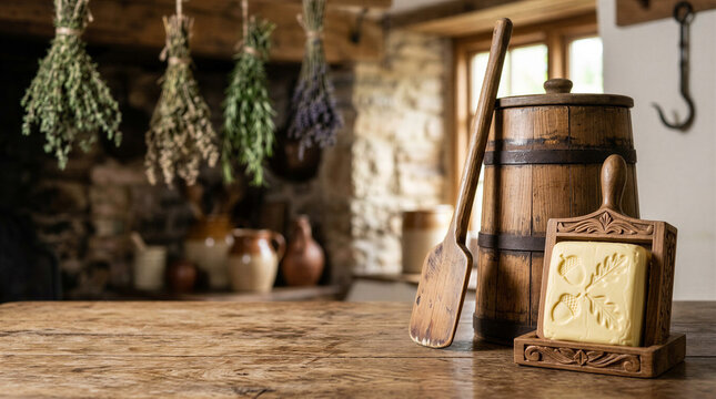 ll wooden butter press filled with a molded block of butter placed beside it on a rustic table. 