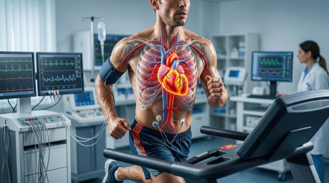 Man running on treadmill during cardiac stress test with heart monitoring equipment