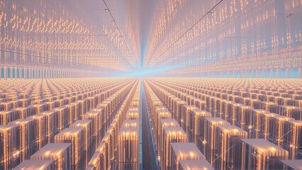 Fototapeta premium Infinite mirrored room creates illusion. Warm tones dominate, light extends toward distant vanishing point. Symmetry defines space.