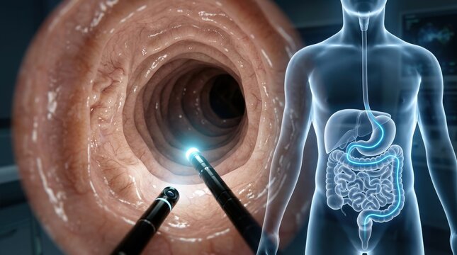 Colonoscopy procedure with endoscope inside the large intestine and human anatomy overlay
