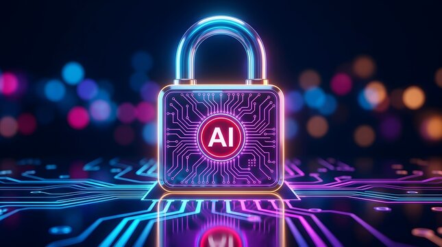 Secure AI systems: Digital padlock with glowing artificial intelligence symbol on a vibrant circuit board, depicting advanced data protection technology.