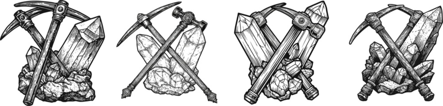 A detailed rock pick hammer crossed over a large jagged quartz crystal cluster, high contrast black and white line art with bold black outlines, isolated on a pure white background