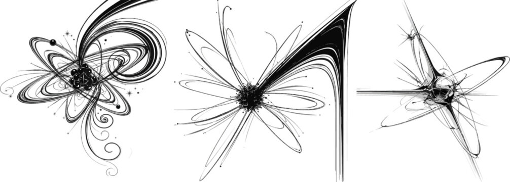 A striking abstract atomic corner decoration features intersecting electron orbits, a dense geometric nucleus, and radiating energy lines, all rendered in bold black and white line art against a