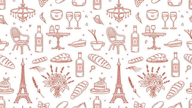 French cafe and Eiffel Tower icons in red outline on white background paris france