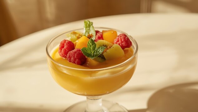 Tasty mango panna cotta topped with fruit and mint in a glass on a light table, close-up. Room for text.