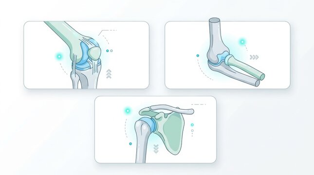 Anatomical illustrations of human joints: knee, elbow, and shoulder