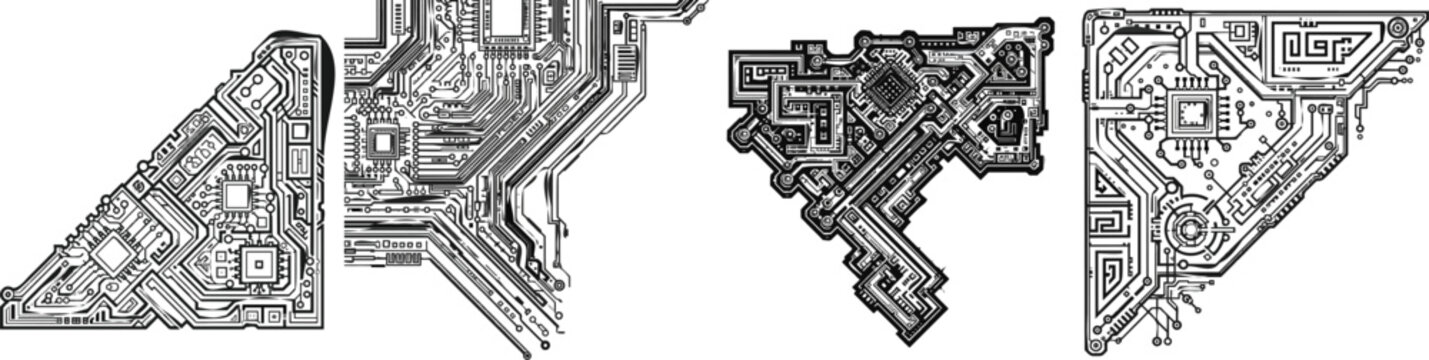 A cyberpunk circuit board corner ornament features sharp right-angle digital traces, microchip nodes, and geometric tech patterns in high contrast black and white line art with bold black outlines