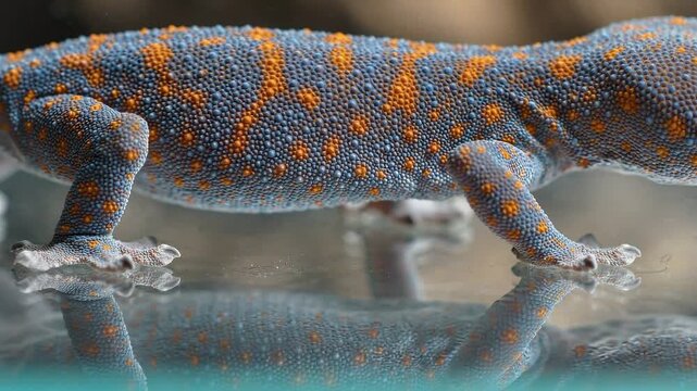 Side View of a Blue and Orange Spotted Tokay Gecko Walking on a Reflective Surface