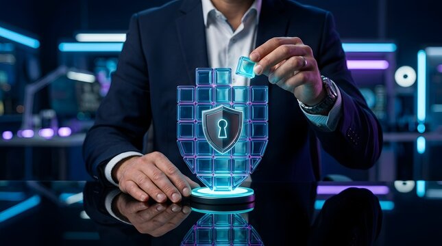 IT professional building a digital shield with glowing data blocks, representing robust network security and data protection strategies.