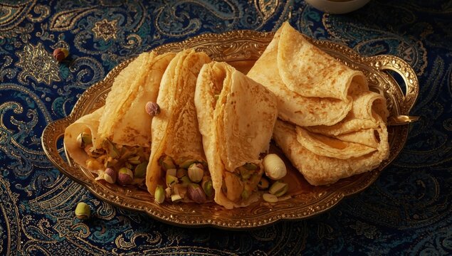 Classic Arabic crepes filled with cream and pistachios, made for Ramadan iftar on a paisley backdrop.