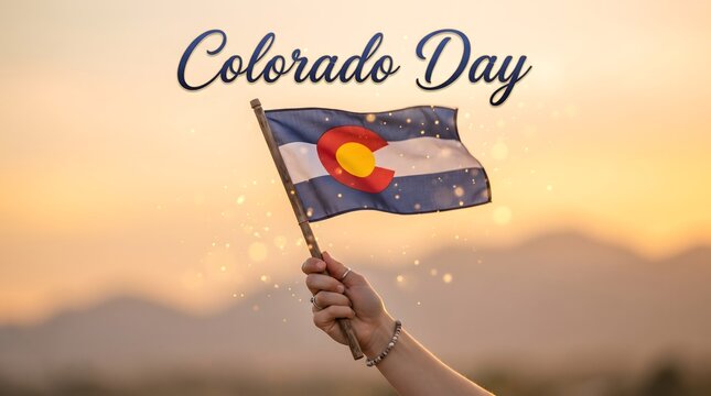 Colorado day celebration featuring person holding state flag against blurred mountain view.