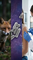 Fototapeta premium Infectious disease journey: fox wildlife, rabies virus, rhabdovirus particle, human vaccine, prevent illness, public health, medicine safeguard, injection deliver, immunity acquire.