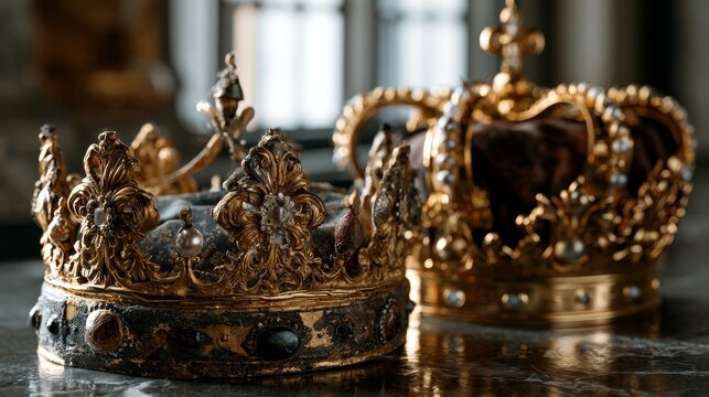 A weathered antique gold crown beside a pristine new crown.