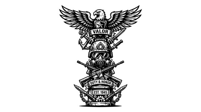 Military Emblem: Eagle, Gas Mask, Guns, Valor, Duty & Honor, Est 1945