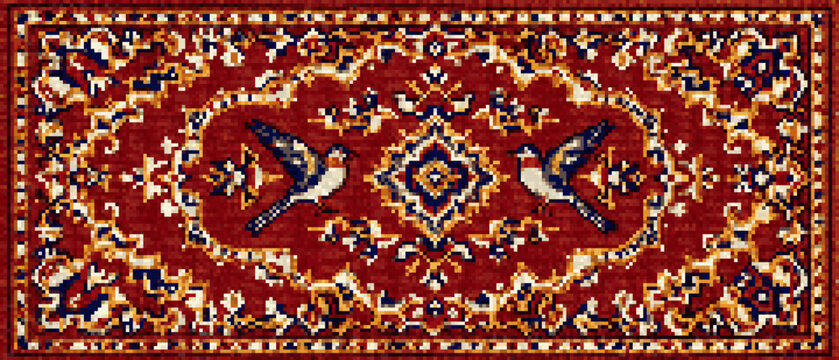 Persian Oriental Cross-Stitch Bird Rug Pattern - Ornate Needlepoint Carpet Embroidery Chart, Pixel Persian Tapestry for Cushion, Blanket, Wall Hanging & Home Decor