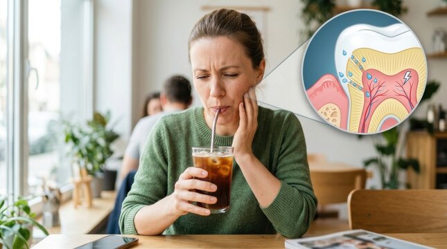 Woman experiences tooth sensitivity while drinking iced coffee, dental diagram shown