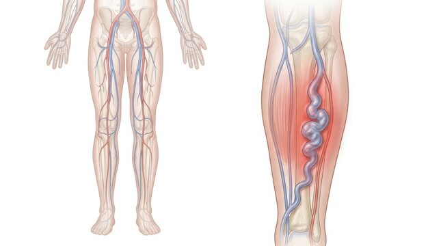 Detailed anatomical illustration of human leg veins and arteries
