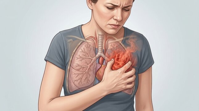 Illustration of a woman experiencing chest pain with anatomy details
