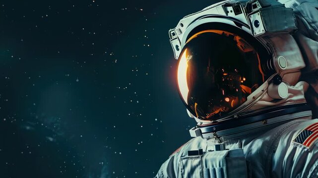 Close-up of an astronaut in a white space suit with a reflective orange visor and American flag patch, floating against a starry deep-space background