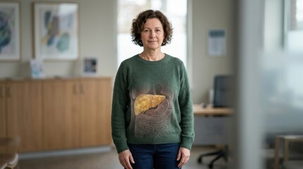 Fototapeta premium Woman with illustrated liver and digestive system overlay, representing internal health