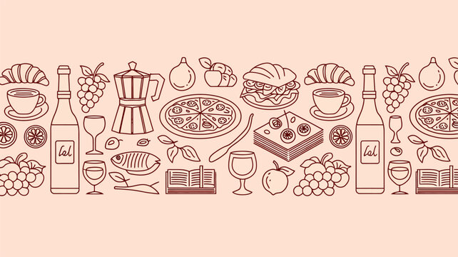 Italian food and drink doodle pattern in dark red on light pink pizza pasta