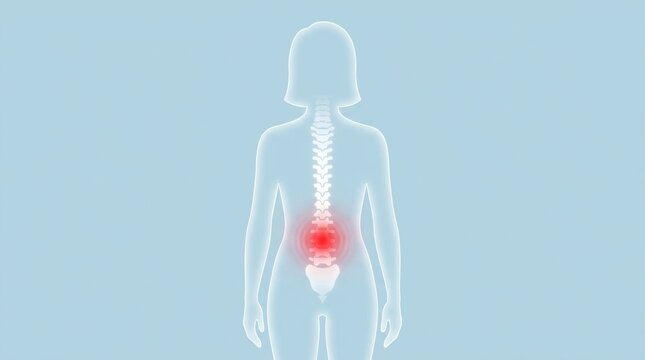 Illustration of a woman's spine with highlighted lower back pain and discomfort