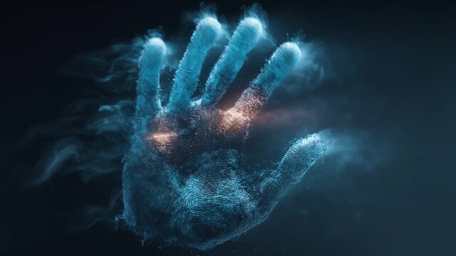 Abstract digital handprint forming from glowing particles, representing futuristic security