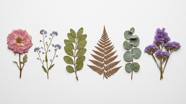 Assorted dried pressed flowers and foliage including a pink rose blue forget me nots green leaves a brown fern branch eucalyptus stems and purple statice arranged neatly on white paper
