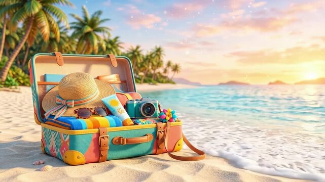Open suitcase packed with beach vacation essentials on tropical sandy shore at sunset. Straw hat, sunglasses, sunscreen, camera and towel inside. Summer travel relaxation and getaway concept