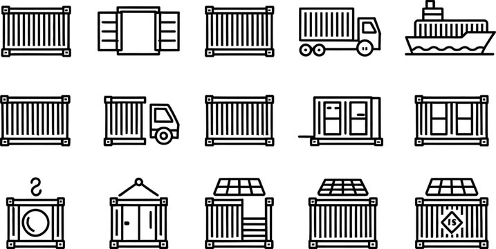 Outline icons of shipping containers, truck, and cargo ship on white background cargo container