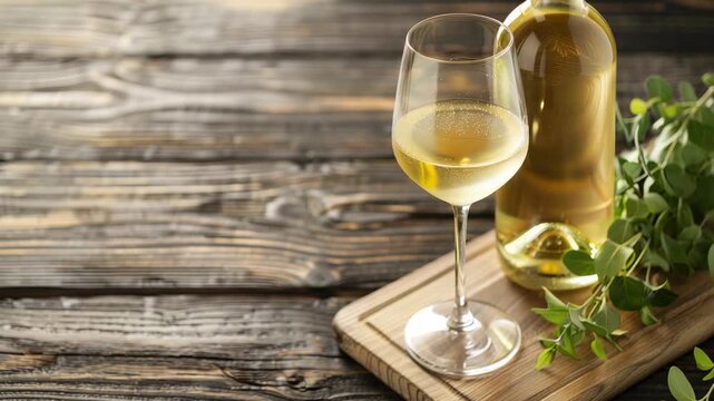 Close-up of a glass and bottle of white wine on a wooden cutting board with a green sprig on a rustic wooden table