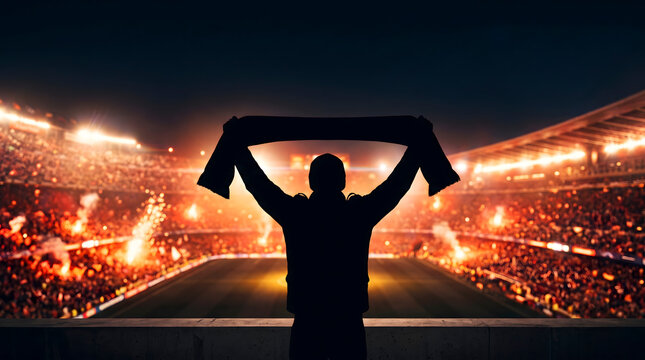 Silhouette of Supporter Raising Banner at Illuminated Stadium.