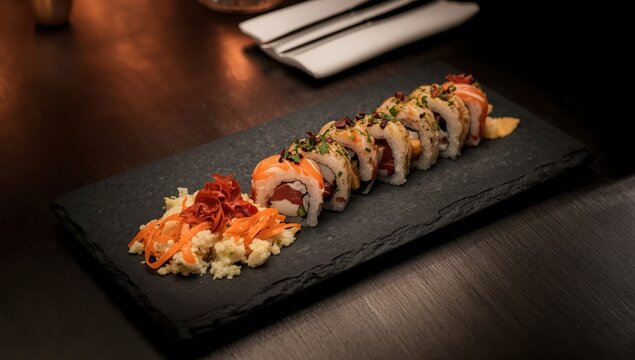 delicious sushi roll featuring cheese, salad, and ham on a dark stone platter.