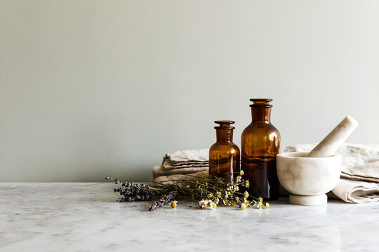 Apothecary wellness flat lay with amber bottles and herbs, copy space