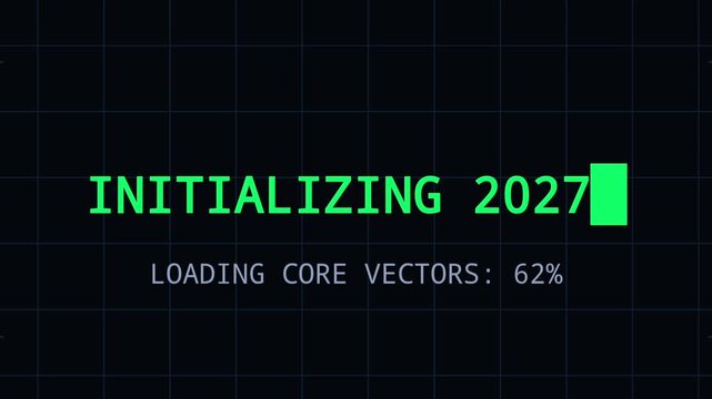 Futuristic digital interface displaying loading progress for year 2027 on grid background with high tech computer system initializing sequence