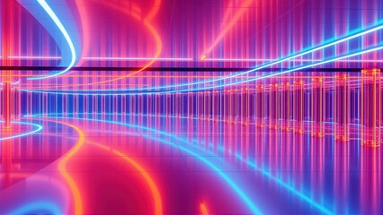 Fototapeta premium Abstract neon lights create futuristic tunnel. Bright pinks, blues dominate dark space. Lines suggest speed, depth.