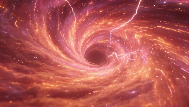 Cosmic tunnel vortex energy swirl spiral in deep space galaxy sky, glowing nebula storm and lightning create dramatic sci fi abstract background with intense universe motion and vibrant cosmos scene