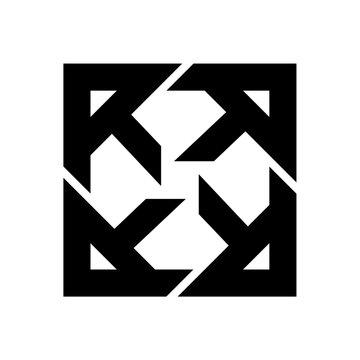 Abstract geometric black and white symmetrical pattern featuring bold angular shapes arranged in a modern square composition. This minimalist vector design combines sharp lines, negative space, and ba