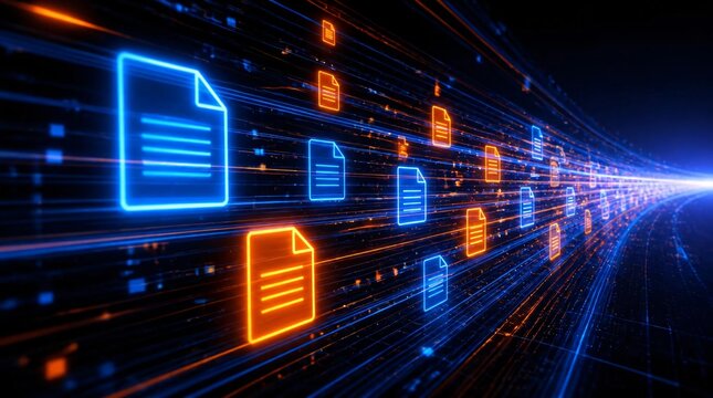 Digital documents flowing in data stream on dark background