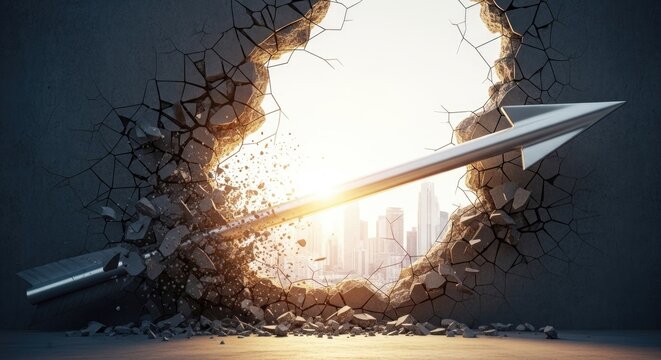 Arrow breaking through a wall toward a bright city.