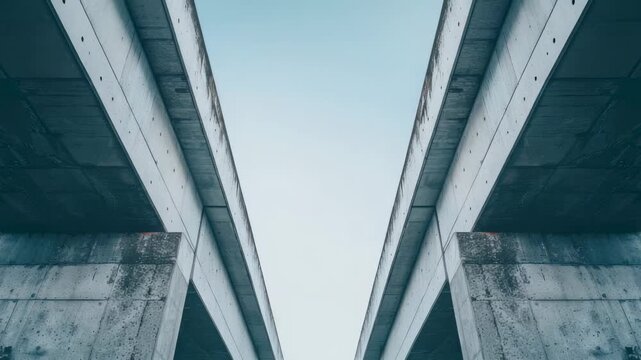 Symmetrical underside view of twin concrete overpasses converging into a vanishing point against a pale sky